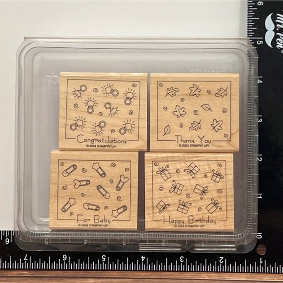 STAMPIN' UP! FABULOUS FOUR Wood Mounted Rubber Stamp SET BABY BIRTHDAY CONGRATS - Picture 2 of 5